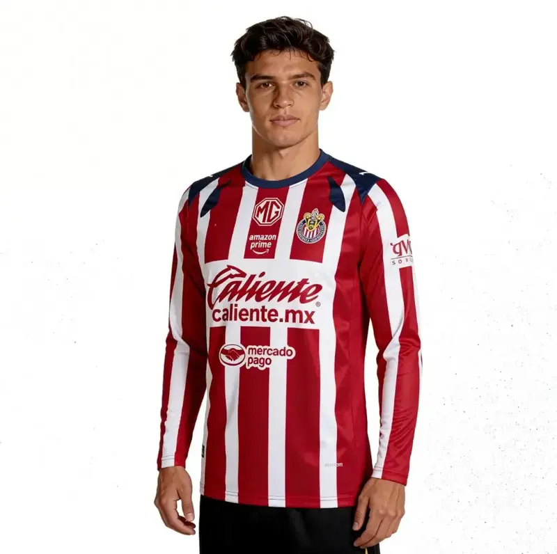 Chivas Guadalajara 2025-2026 Away Long Sleeve Soccer Jersey, Red White Stripe Liga MX Football Shirt, Mexico Fan Apparel