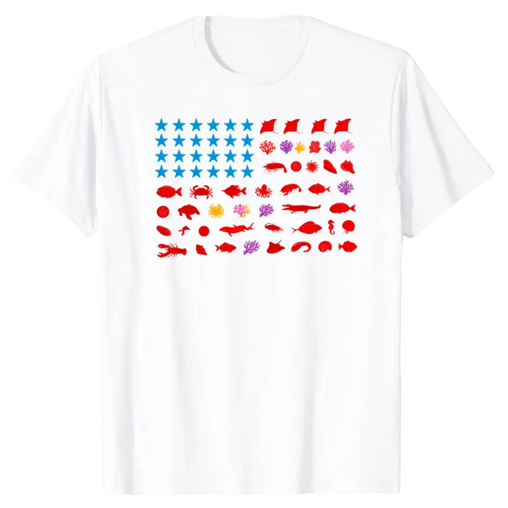 Women's Fitted Cut Seashell USA Flag T-Shirt, 250th Anniversary 4th of July Coastal Patriotic Tee, Beachy Nautical American Gift