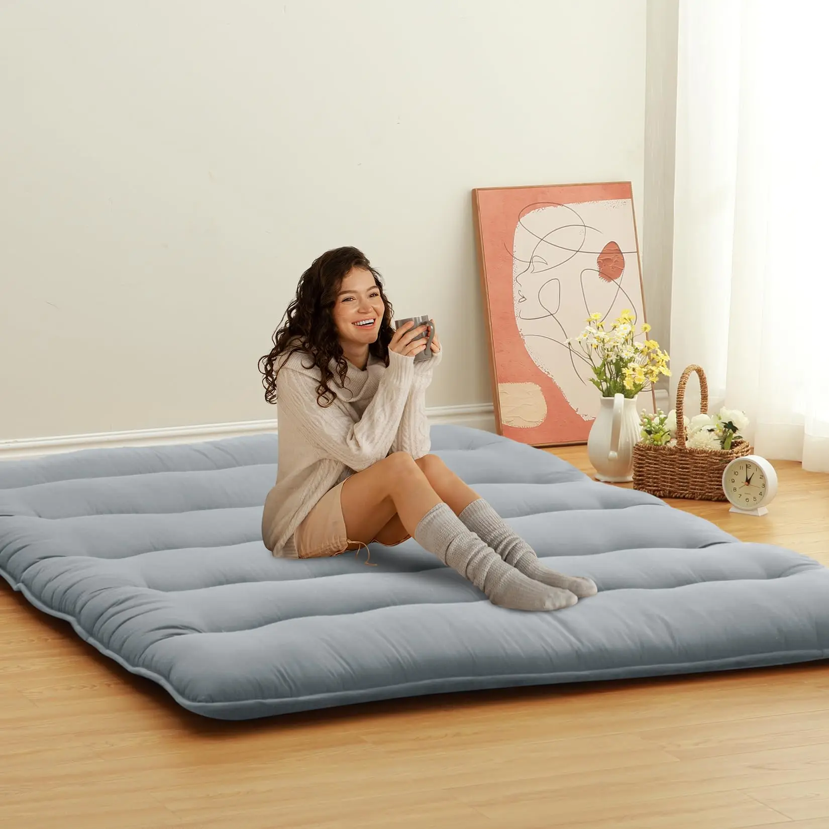 Garvee Full Size Japanese Futon Mattress - Foldable Floor Mattress for Adults, Tatami Mat Style, Ideal for Camping and Comfortable Sleeping, Wave Grey
