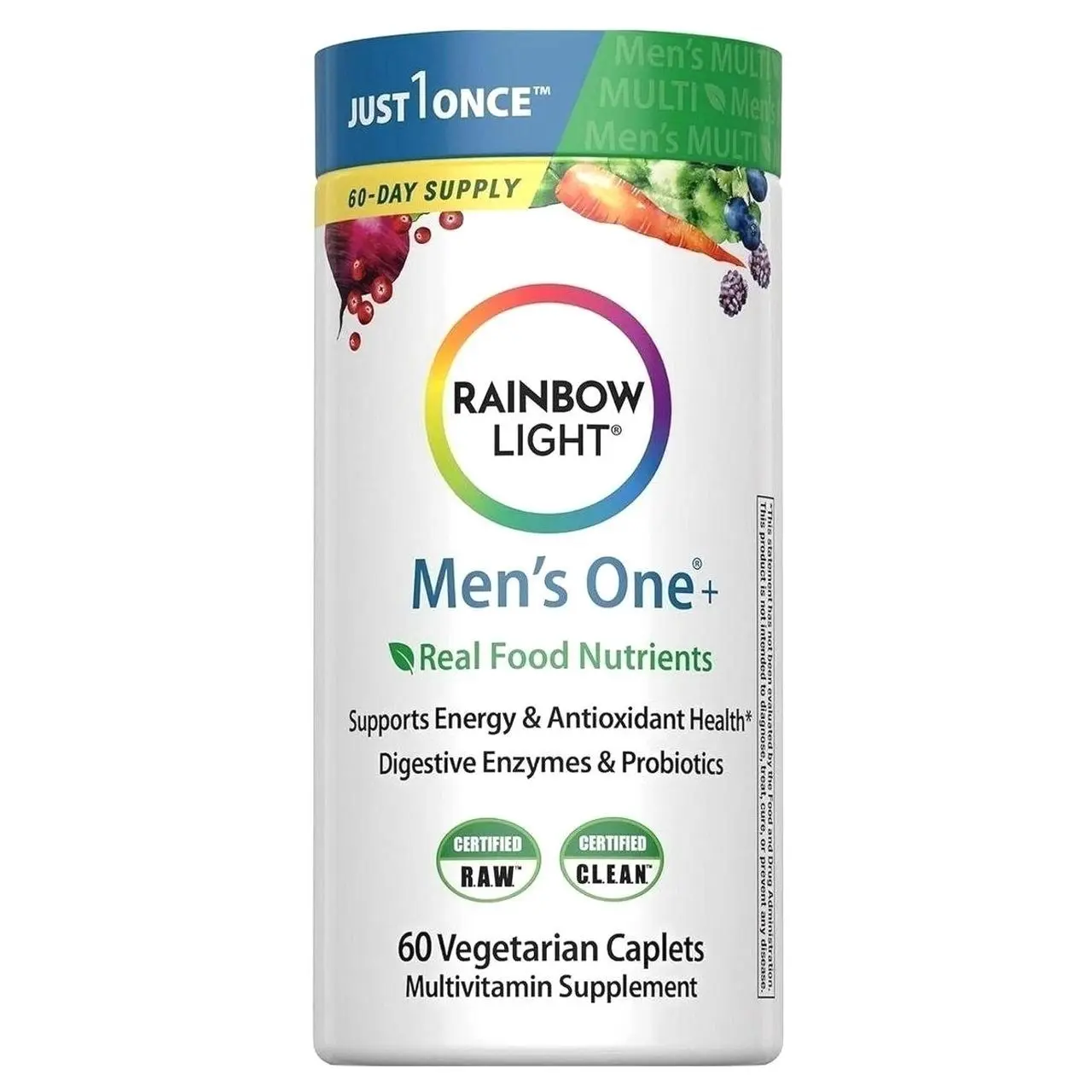Rainbow Light Mens Multivitamin One + | 60 Caplets | Supports Energy & Antioxidant Health | with Real Food Nutrients, Digestive Enzymes & Probiotics
