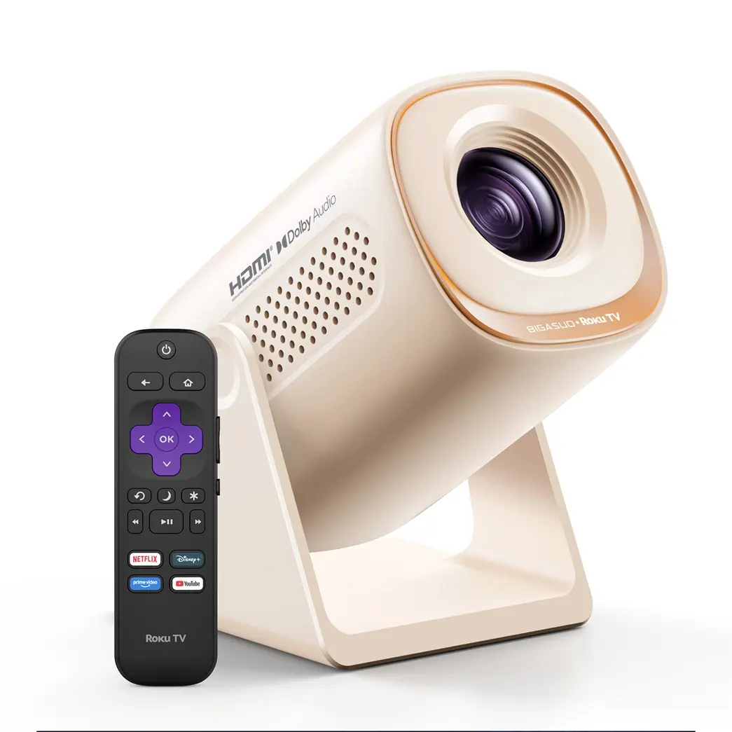 BIGASUO Roku TV Smart Projector with WiFi and Bluetooth,No Streaming Stick Needed,Dolby Audio,Auto Vertical Keystone & Zoom,180° Rotating Projector for Home and Outdoor