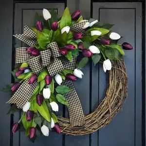 Spring and summer front door wreath, 14inch lemon-colored summer decorative wreath, violet wreath, sunflower-daisy-tulip spring handmade wreath, outdoor wreath, green wreath, boxwood green wreath, colorful tulip wreath