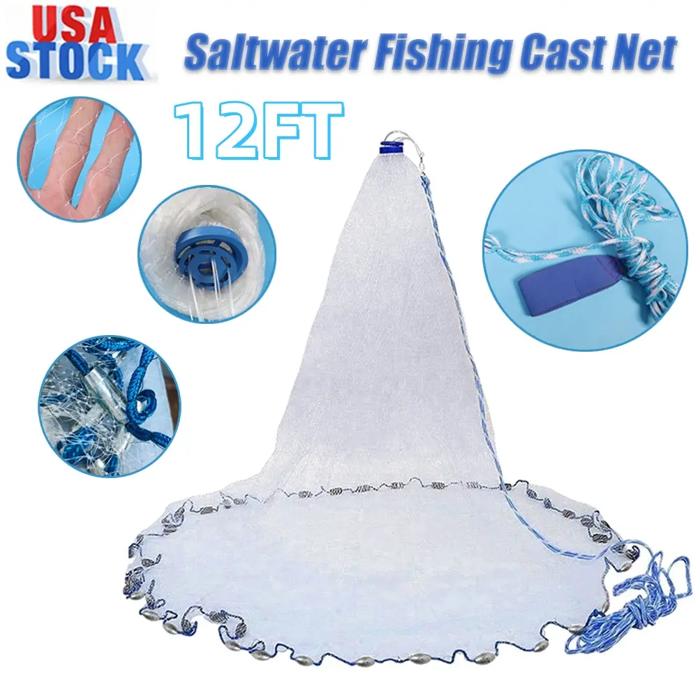 Fishing Full Spread Cast Net (12ft), Heavy-Duty Easy-Throw Bait Casting Net with Chain Sinkers, Fast Sink Wide Bottom Spread Mesh Trap for Ocean/Lake/Creek Fishing, Bank or Boat Use Angling Accessories