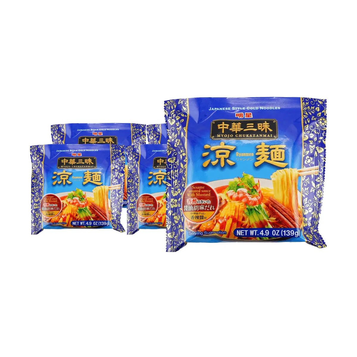 MYOJO Chuka Sanmai Cold Ramen Noodles 5-Pack | Japanese Instant Chilled Noodles with Sesame & Spicy Sauce | 139g x 5 Servings