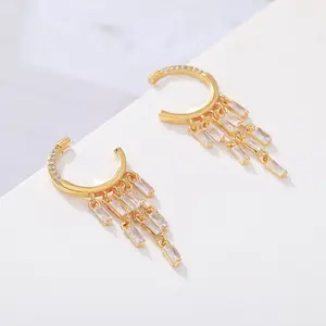 C-shaped Zirconia Geometric Gold-plated Tassel Earrings