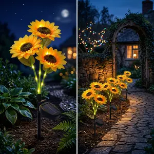 Solar-powered sunflower light (three-head design), waterproof, suitable for outdoor gardens, lawns, and flower beds.Automatically lights up at dusk, intelligent sensor.Solar LED light source, landscape lighting, two-pack.