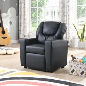 Kids Recliner Chair Black, Kids Upholstered Couch with Cup Holder, Footrest, Backrest, Toddler PVC and Velvet Recliner with Head rest and Footrest Adjustable