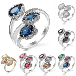 Fashion Jewelry: Teardrop-Shaped Royal Blue Zircon Open Copper Ring