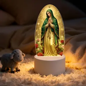 Guadalupe Virgin Mary Flower-Theme LED Nightlight, USB-Powered Acrylic Table Lamp, Nightlight for Bedroom, Church Decor Light, Ideal Decor & Gift Option