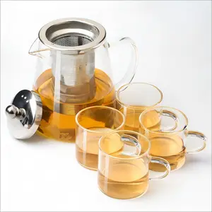 High-Temperature Borosilicate Glass Teapot, Stainless Steel Filter, Single or Set of Four Cups, Pearl Cotton Packaging, Clear