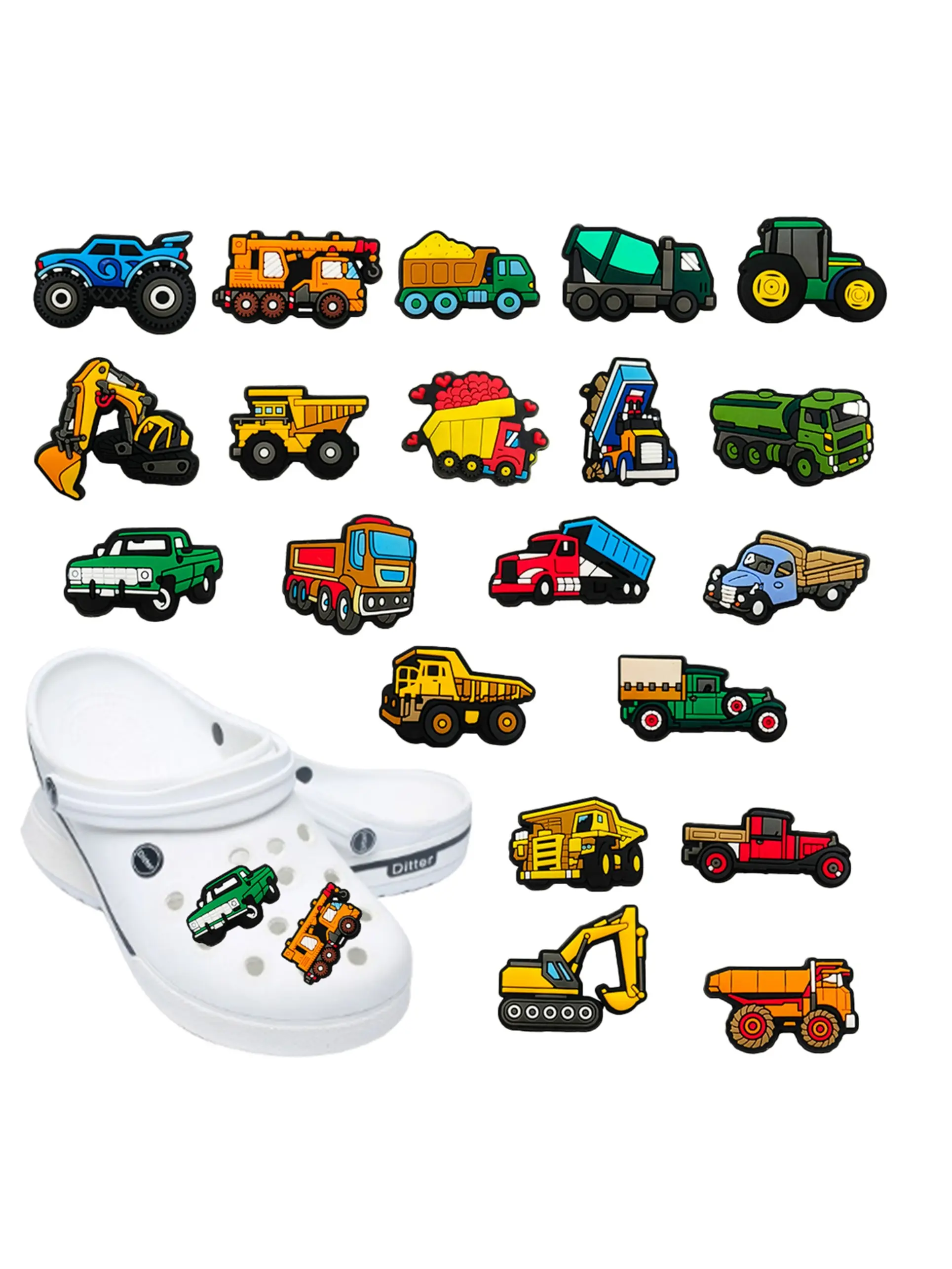 20pcs Cartoon Cute Construction Vehicle Series PVC Shoe Accessories, Detachable Waterproof DIY Decoration Shoes, Unique Personalized Shoe Parts, Decorative Shoe Accessories, Cute Shoe Decorations
