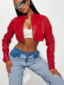 Biker Club Faux Leather Jacket - Red, Stylish Crop Top, Long Sleeves, Plain Design, Suitable for All Seasons
