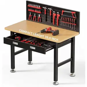 39.4" Workbench with Drawer and Pegboard - Heavy Duty Steel Garage Work Table, Small Tool Bench for Workshop, Woodworking, Crafting & Repair