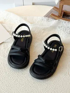 Girls' Pearl Beaded Sandals with Bow Decor, Premium PU Leather, Breathable Inner Lining, Anti-Slip Rubber Sole, Sweet Princess Style, Strappy Sandals, Bow Decorated Sandals