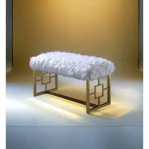 Bagley II White Faux Fur & Gold Finish Lounge Bench – Armless Backless Design for Living Room, Bedroom & Hallway!Soft Upholstered Seat, Sturdy Metal Base, 300lbs Weight Capacity.Perfect for Extra Seating, Decorative Accent or Casual Relaxation.