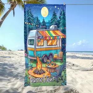 1pc Cartoon Camping Theme Custom Name Beach Towel | Soft, Ultra-Absorbent Microfiber, Lightweight, Perfect for Beach, Parties, Travel, Camping - 55x27in/63x31in, Beach Accessories | Artistic Beach Towel | Ultraabsorbent Fabric, Beach Towel 2D Flat