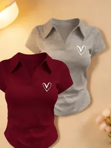 Women's Heart Print Slim Fit Polo Shirt Set, Cute V Neck Short Sleeve Top, Comfortable Soft Casual Street Style, Multiple Colors Available