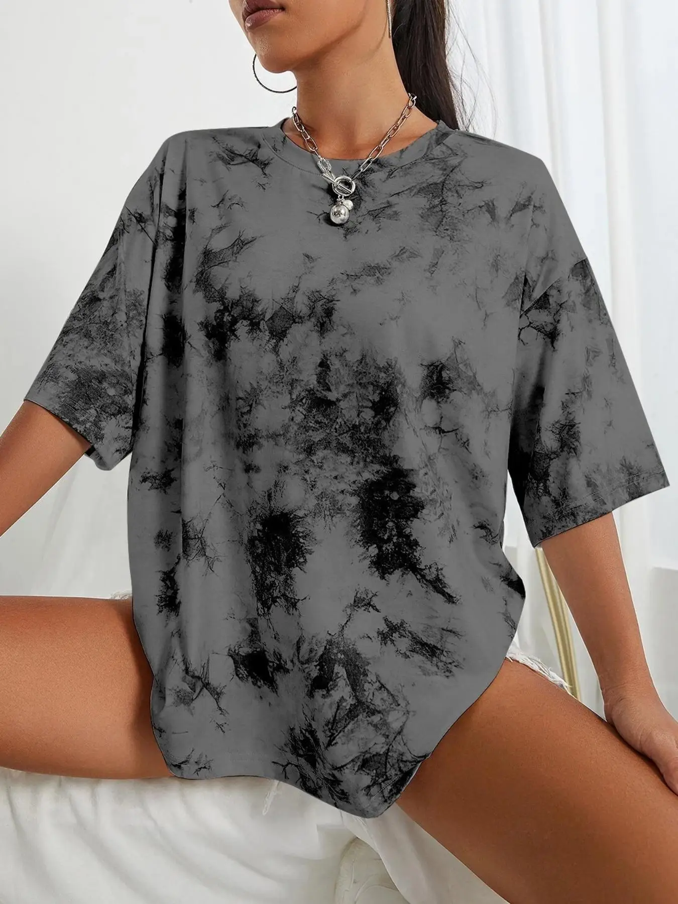 Plus Size Tie Dye Print Drop Shoulder Tee, Fashion Casual Round Neck Half Sleeve T-shirt for Daily Outdoor Wear, Women Plus Clothing for Summer