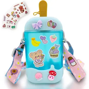 Kawaii Water Bottle Cute Popsicle Water Bottle with Straw, Kawaii Ice Cream Water Bottle with Adjustable Shoulder Strap and Stickers -  Adult Kids Outdoor Sports, Leakproof, BPA-Free, 14 oz (Blue)