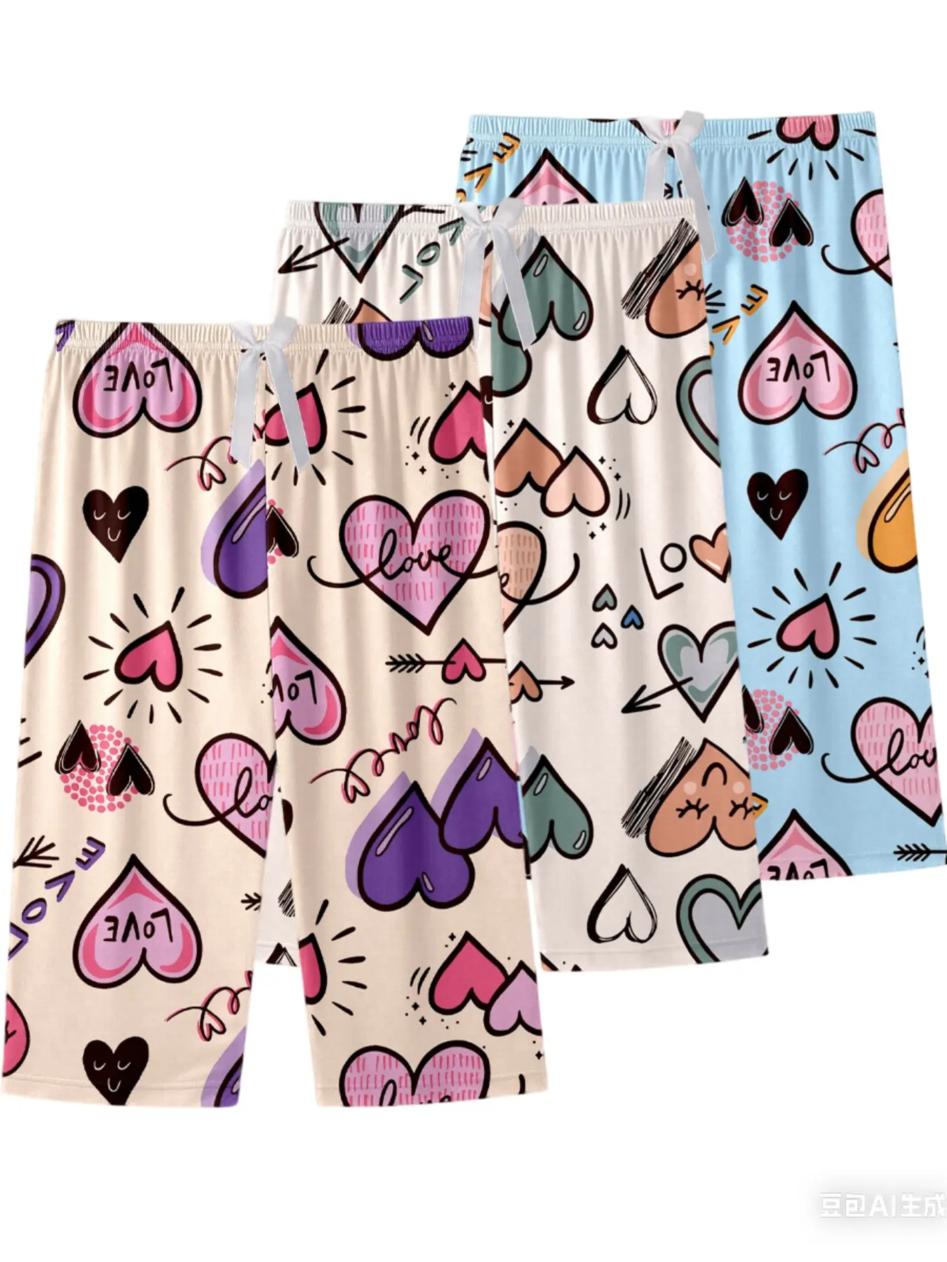 3-Pack Women's 7/8 Sleep Pants, Bow Heart Love Print, Plus Size Floral Summer Pajamas, Loose-Fit Casual Homewear, Thin Comfortable Shorts, Cute Loungewear Pjs Womenswear, Heart Print Sleepwear