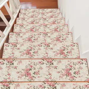 15pcs Pink Floral Pattern Printed Stair Treads, Non-Slip Stair Carpet, Step Protector Rugs, Hemmed Stair Mats for Home Decor, Indoor Room Supplies Bedside Accessories. Suitable for Indoor/outdoor Stairs, Wooden or Hard Surfaces, and Similar