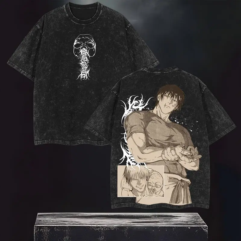 Men's Oversized Vintage T-Shirt, Distressed Jujutsu Kaisen Anime Print, Cotton Shortsleeve Round Neck Top for Otaku Style Streetwear, Menswear