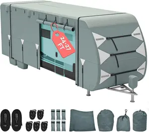 OEDRO 24-27 ft Compact RV Trailer Cover - Super Thick, Waterproof, Windproof, UV Blocking, Rip-Stop Fabric with 2 Long Straps and 4 Tire Covers, Fits Motorhomes, Travel Trailers, Caravans
