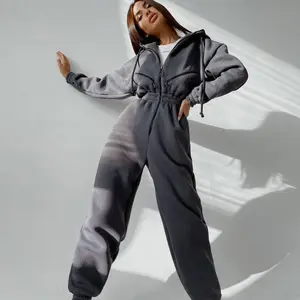 Women Fleece Jumpsuits One Piece Outfits Hooded Sweatshirt Set High Waist Ladies Jumpsuit