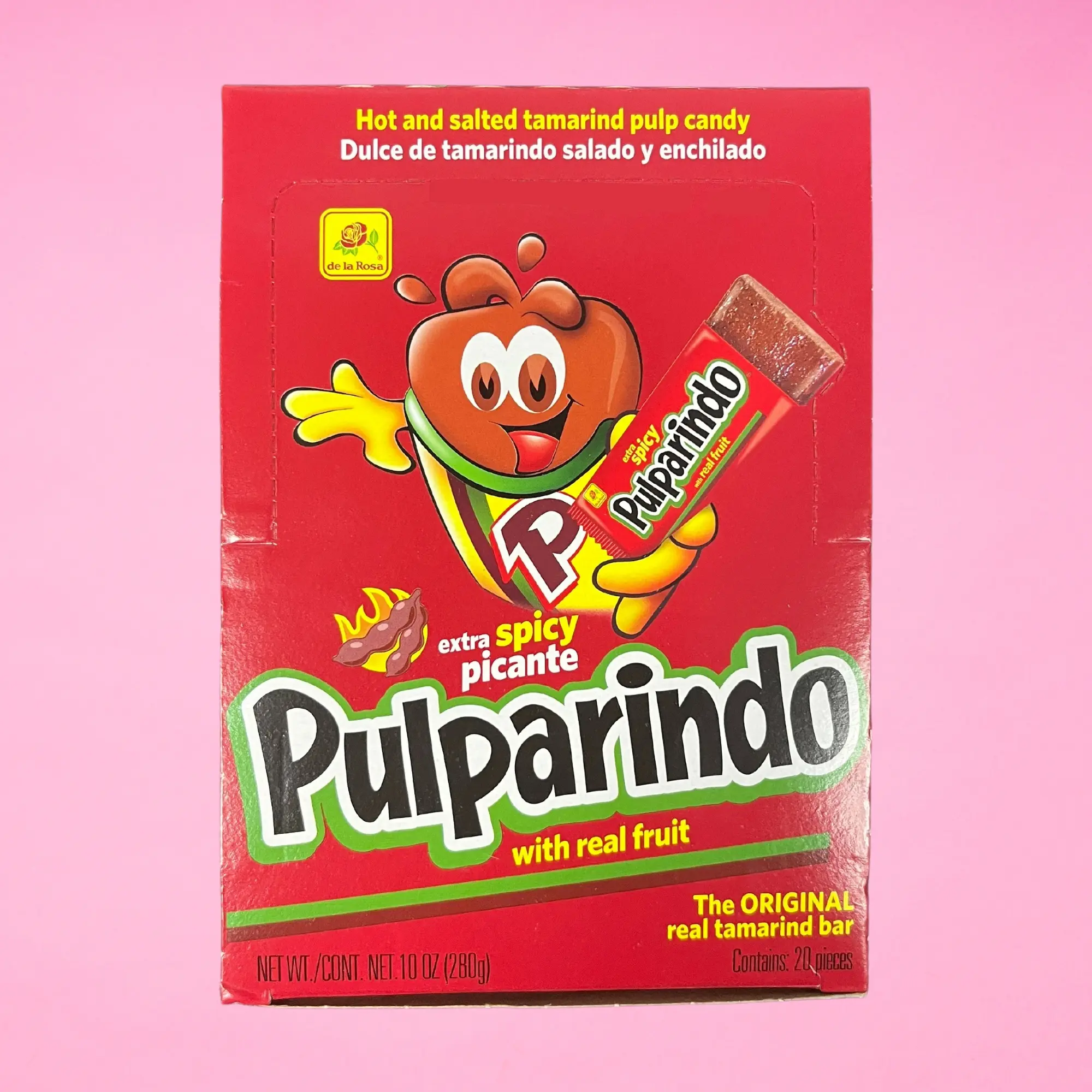 Pulparindo Extra Spicy Tamarind Bar, 20-Pack Box, Chewy Candy, Snack Mexican Candy Dulces Mexicanos Sweet Spicy Tangy Tamarindo Natural