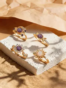 Women's Fashion Starry Sky Sun & Moon Ring Set, 4 Pieces with Opal & Amethyst, Adjustable Gold & Silver Plated, Gift for Best Friends & Couples