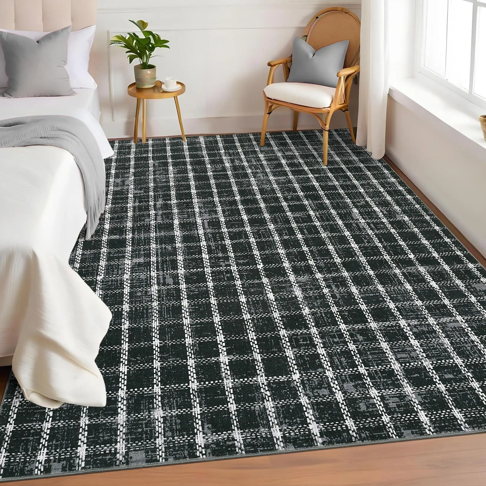 4x6 Geometric Checkered Grid Runner Rug - Non-Slip, Low-Pile Faux Wool Home Decor Rugs, Machine Washable for Home, Kitchen, Machine Washable Rugs