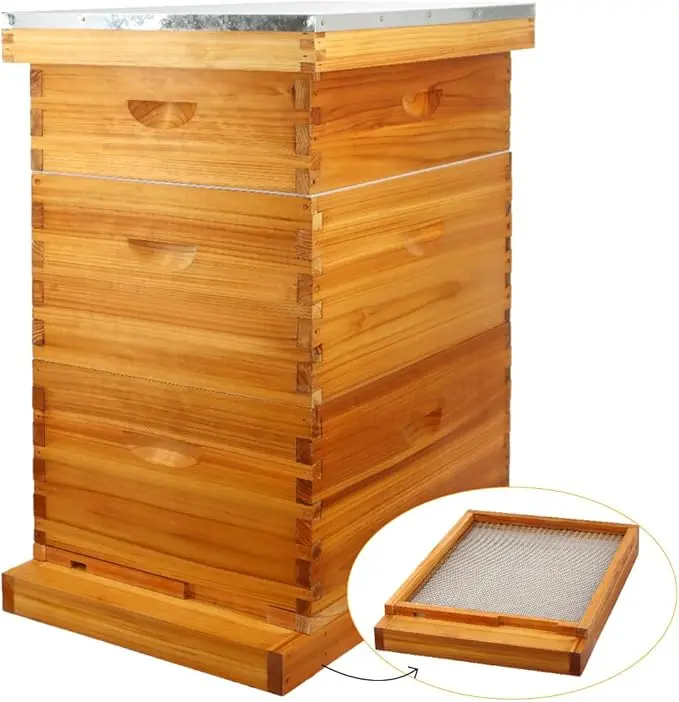 MayBee Hives 10-Frame Cedar Wood Screened Bottom Board Beehive Kit Set, Waterproof Ventilation Pre-Drilled Durable Starter Supplies with 2 Deep Boxes, 1 Medium Box, Frames, Heavy Wax Foundations, Easy Assembly (Ideal for Summer)
