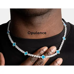 4-Leaf Clover Tennis Chain Gold Plated Diamond-Cut Necklace & Bracelet High-End CZ Studded Links for Women Luxurious Stackable Jewelry Trendy Ins Fashion Valentines Gifts for GfMoissanite