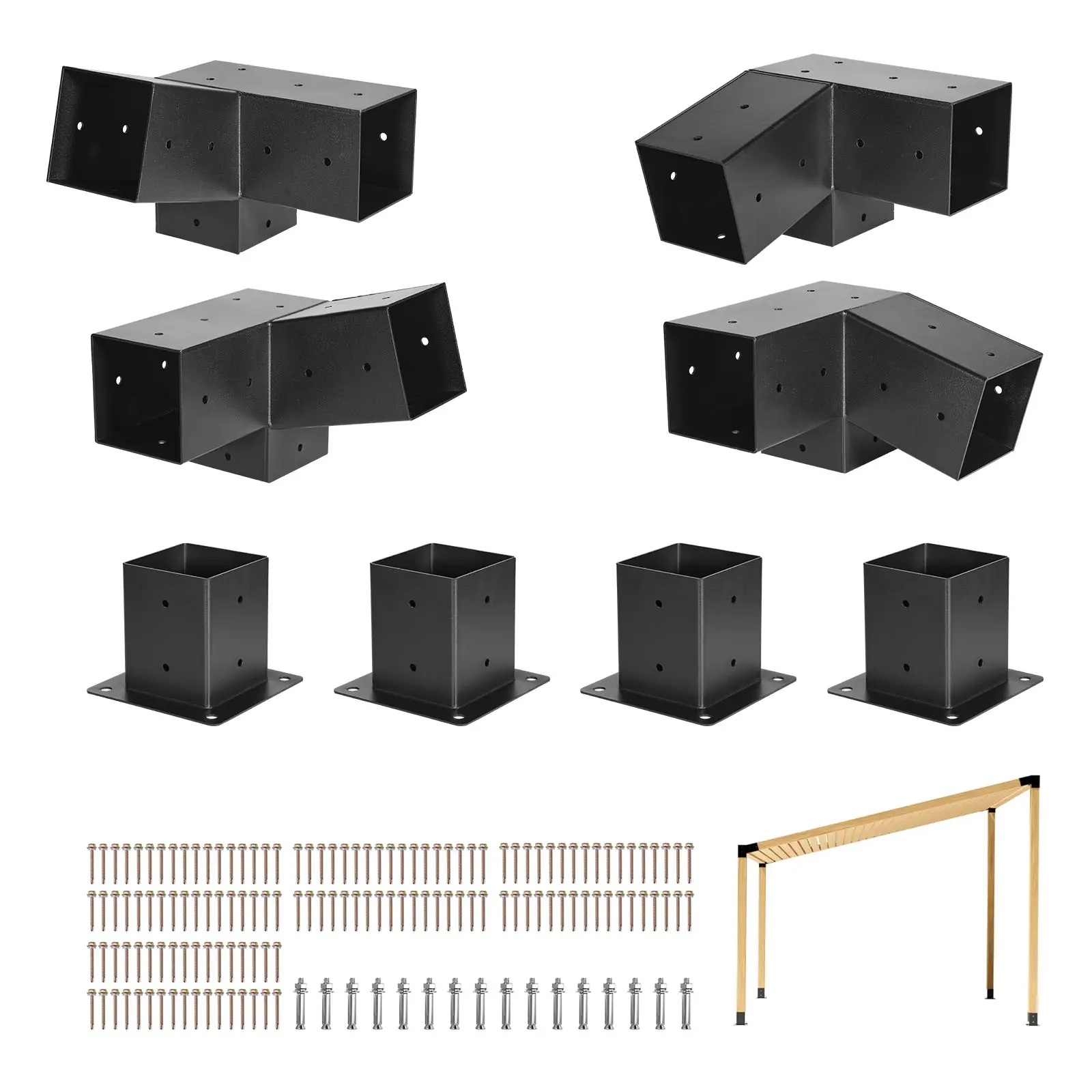 【summerfinds】VEVOR Pergola Kit, 4x4 Inch 3-Way Slanted Bracket for 3.5x3.5 Inch Wood Beams in Actual Size, Carbon Steel Pergola Bracket with Screws and Post Bases, for Outdoor Wood Pergolas, Gazebos, Sheds, 8 Pcs