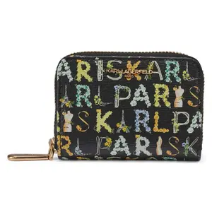 Karl Lagerfeld Paris Alphabet Print Zip Wallet Chic Everyday Organizer with Gold-tone Zipper & Textured Finish for Daily Use