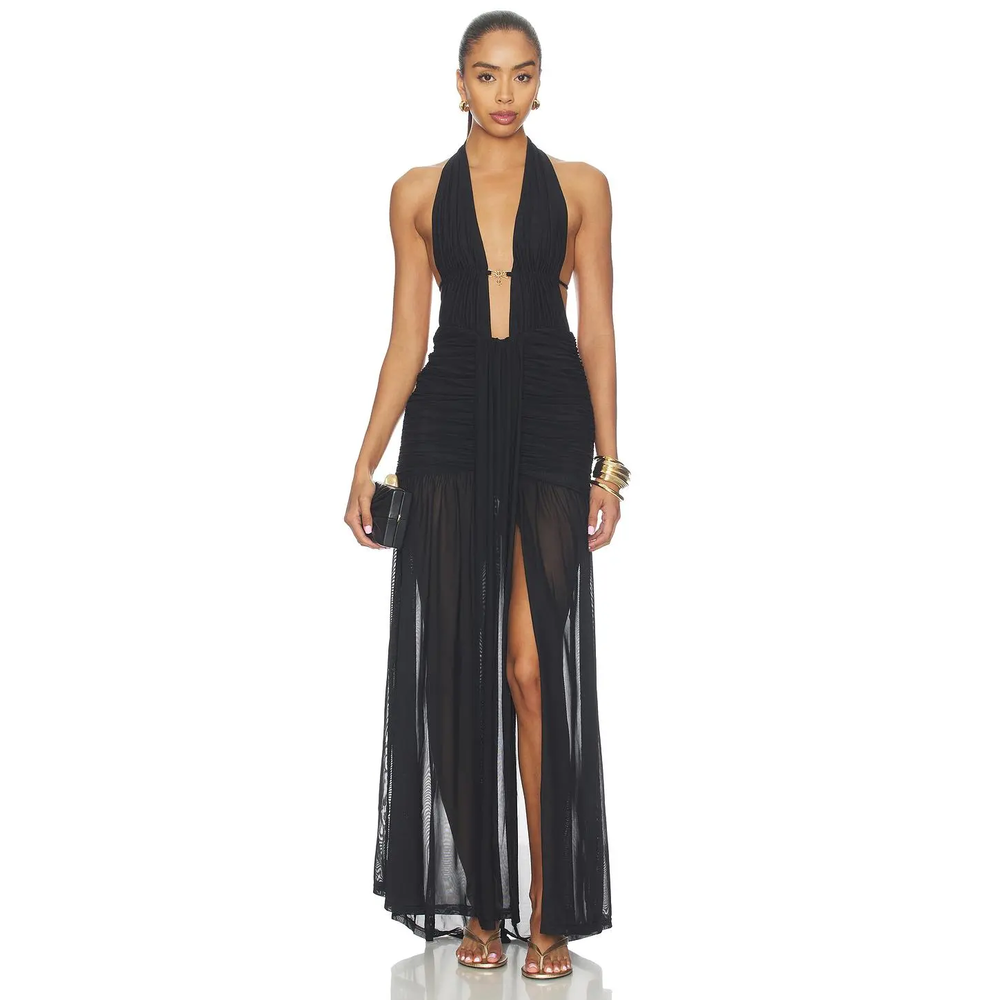Runaway The Label Adrianna Plunge Ruched Maxi Dress in Black
