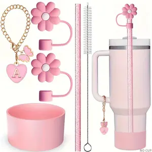 Letter & Flower & Butterfly Design Cup Accessories Set, 6pcs Including Straw Topper Cover Cap & Boot & Straw & Cleaning Brush, Modern Reusable Tumbler Cup Accessories