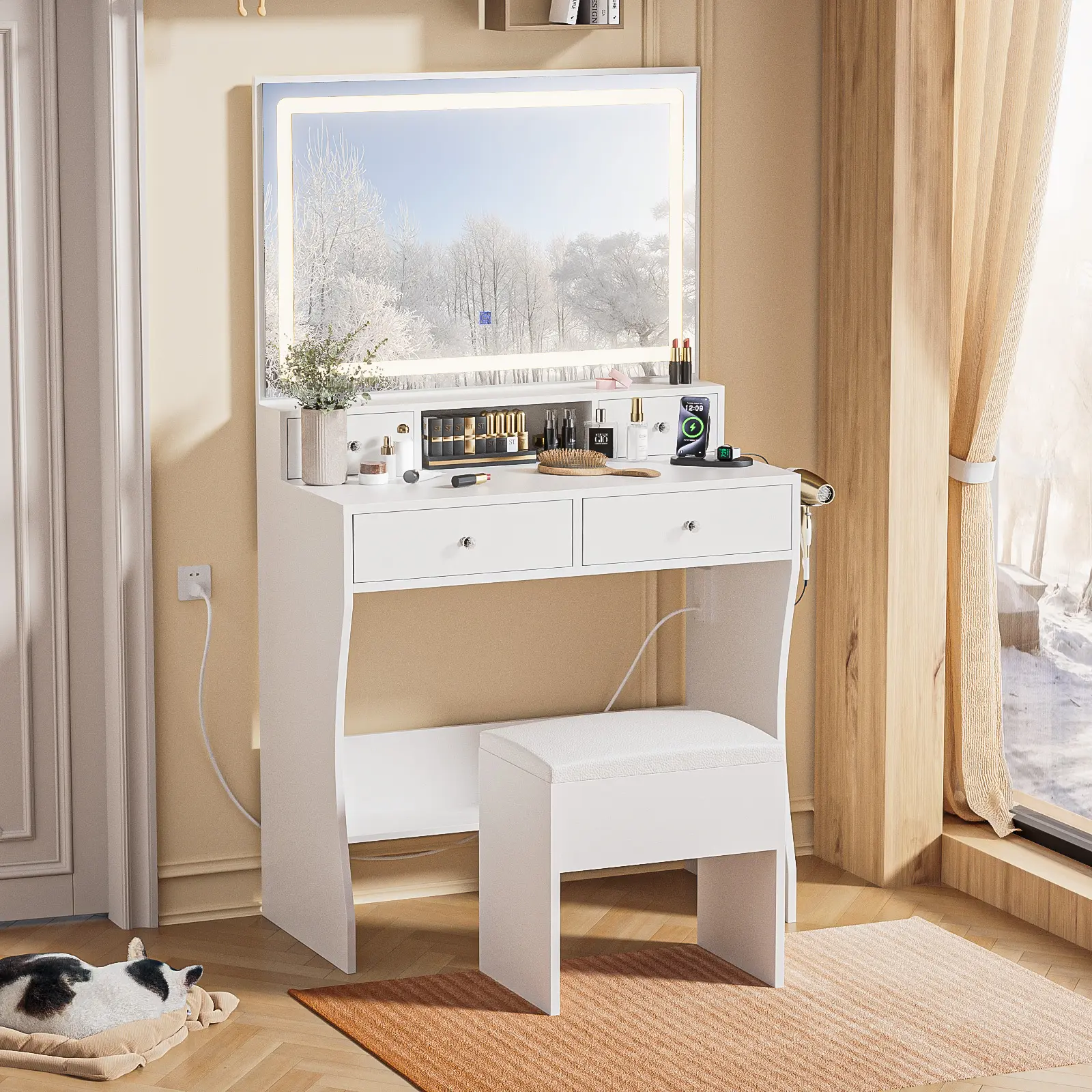 Vanity Desk with LED Lighted Mirror and Power Outlet, White Makeup Vanity Table with 4 Drawers and Storage Bench, Dressing Table for Bedroom, 80 × 40 × 140 cm
