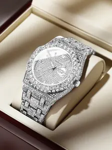 Moissanite Men's High-End Quartz Watch Luxurious Full Diamond Dial Waterproof Wristwatch Trendy Fashion Business Casual Versatile Timepiece Ideal for Business Daily Wear Valentine's Day Gifts Anniversary Gifts