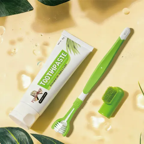 Puppy Tooth Brushing Kit for Cats & Dogs - 3-Headed Triple-Sided Brush, Finger Brush, Natural Vanilla Flavor Green Cleaning Set in Box, Baking Soda, Grapefruit Seed Extract, Enzymes, Plaque & Tartar Aid, Reduces Plaque, Breath Freshening, For All Sizes