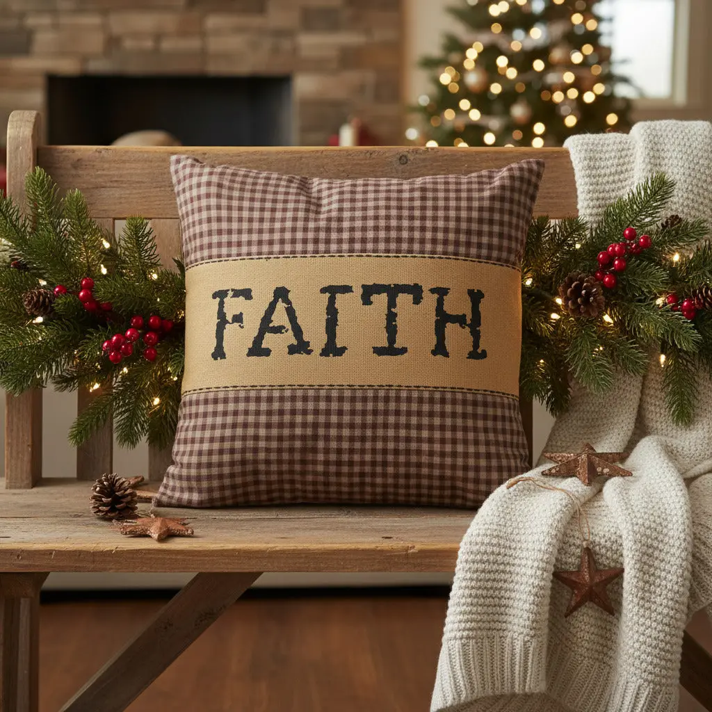 Heirloom Farm Faith Pillow, Cotton Pillow with Black Rice Stitching, Crimson and Taupe Check Base Fabric, Reverses to Crimson and Taupe Check Fabric