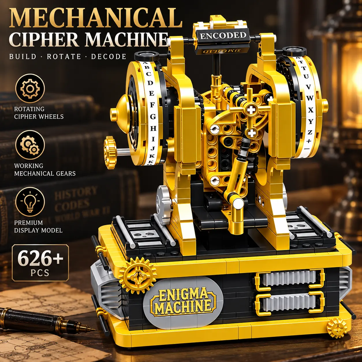 Vintage Enigma Machine Building Blocks Set, Mechanical Cipher Model with Alphabet Wheels, Visible Gears & Hand Crank, STEM DIY Construction Kit, Interactive Parent-Child Building Activity, Desktop Display Collectible and Holiday Gift