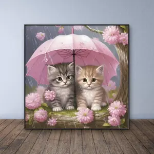 Cute Cat Under Umbrella Pattern DIY Diamond Arts Colorful Painting Kit without Frame, 5D Diamond Arts Colorful Painting Kit, Wall Art Decor for Home