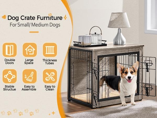 Yaheetech 27.5″W/32″W/38″W/40″W Dog Crate Furniture For Dogs, Rustic Industrial Multi-functional Wooden Dog Kennel with Anti-skid Plush Mat