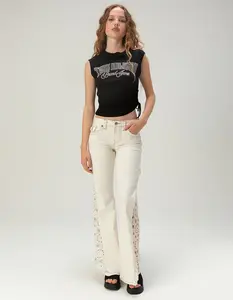 TRUE RELIGION Crochet Mid Rise Flap Womens Flare Jeans