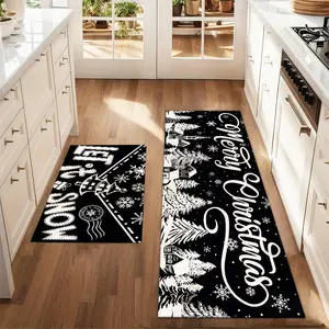 2 Pcs Kitchen Rug Simple Black Christmas Tree Sketch Printed Rug Set Farm Kitchen Carpet Dining Room Floor Laundry Room Decorative Carpet Pad
