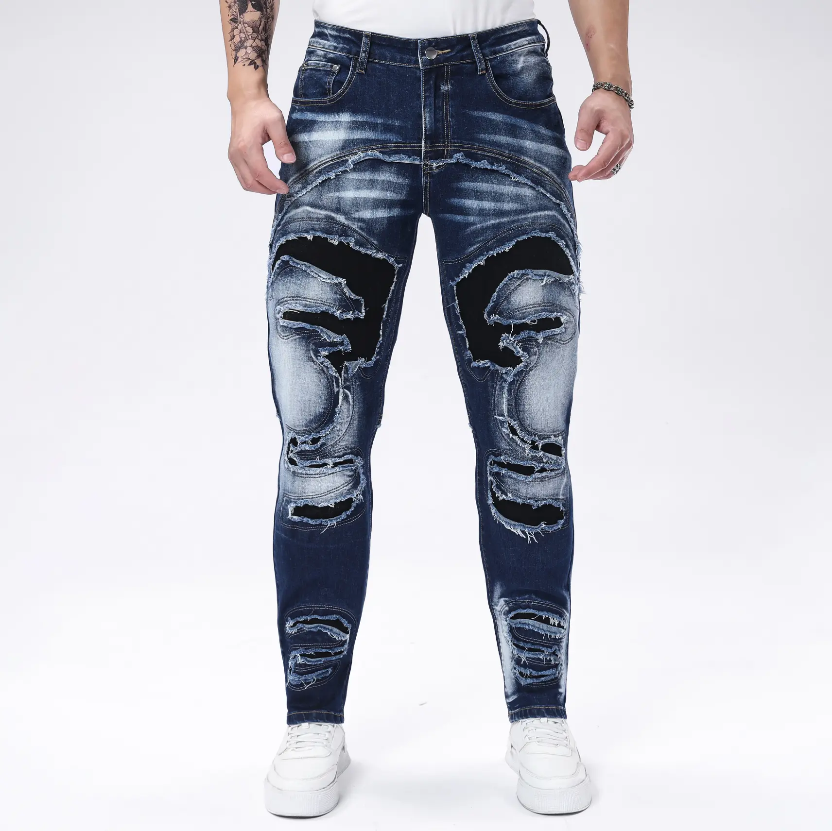 Men’s streetwear jeans with patchwork, distressed details, contrasting lining | Blue/Black washed finish | Slim fit, figure-flattering long pants