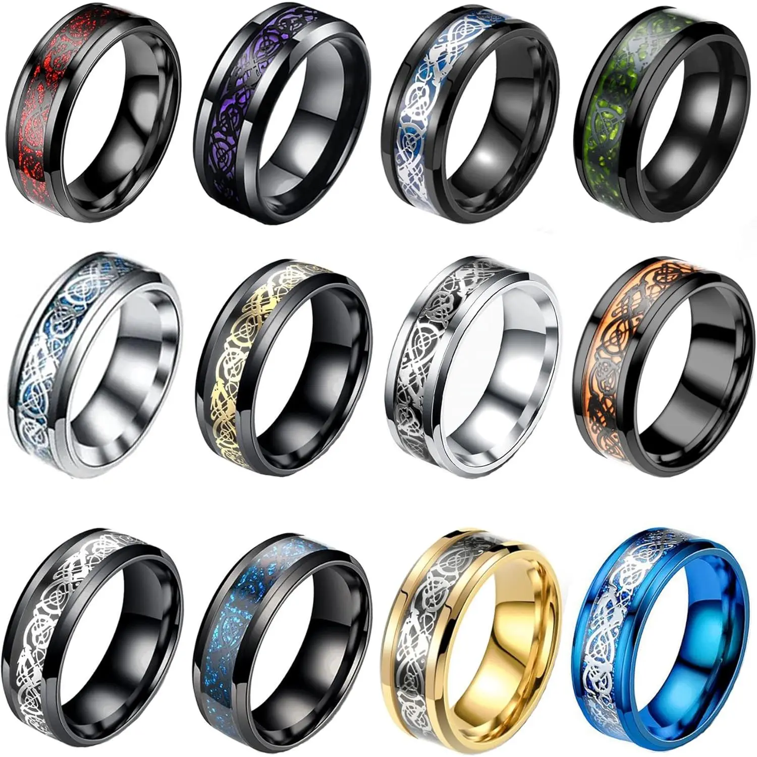 12 Pcs 8mm Scratch-Proof Stainless Steel Unisex Stackable Rings - Men’s/Women’s Beveled-Edge Black Dragon Inspired Wedding Band Rings, Sizes 7-11, High-Quality Fashion Design, Ideal Gift, Dragon Inspired Rings