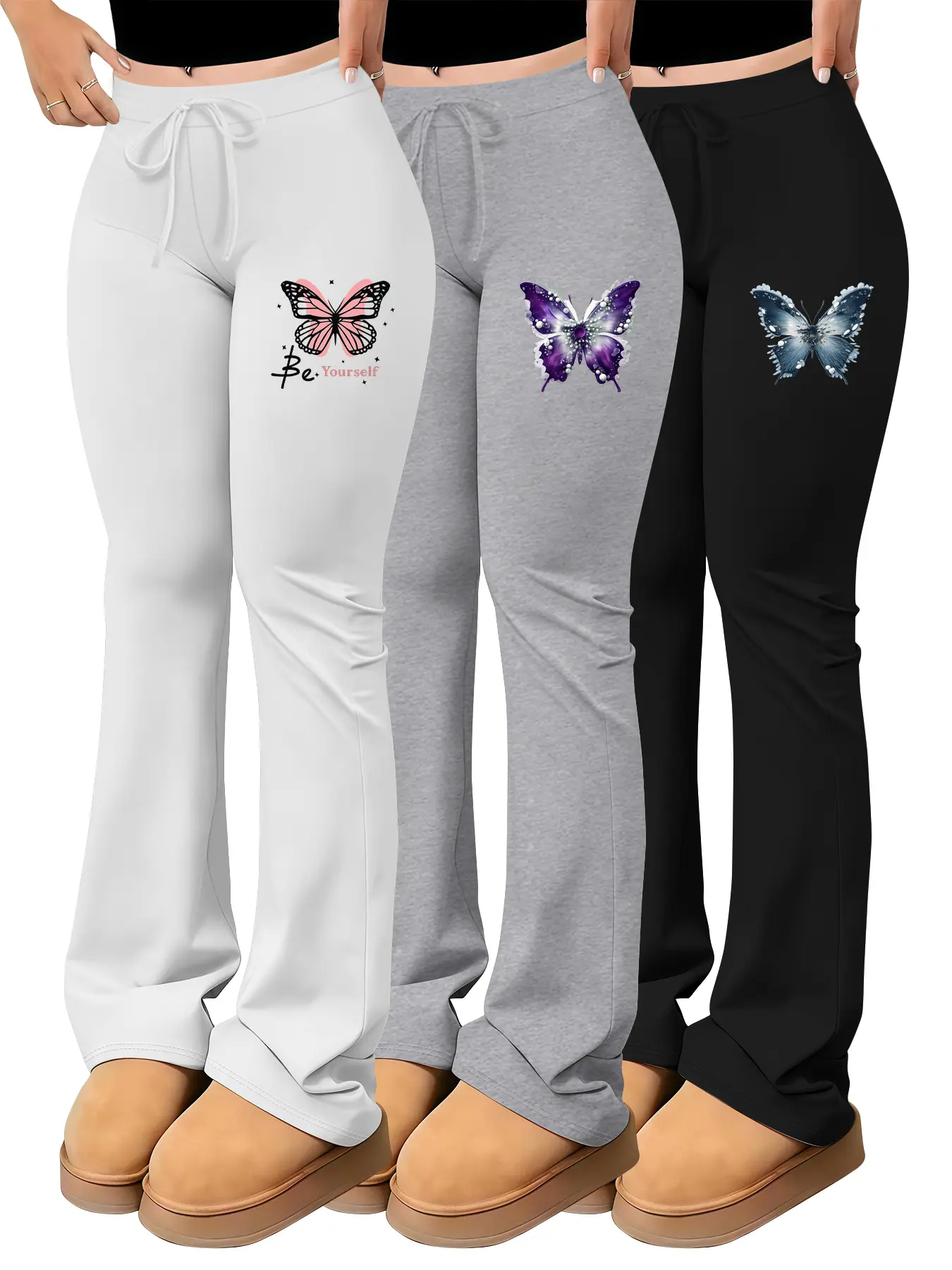 3-Piece Set Fashionable Women's Pants Set Realistic Style Butterfly Embroidery/Print Pattern Cool, High-End, Edgy Style, Lively and Exqe Atmosphere, Suitable for Daily Casual Wear for Women, Womenswear, Casual Matching Sets