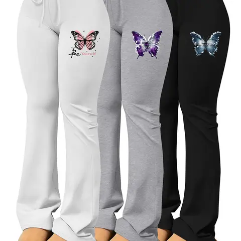 3-Piece Set, Women's Pants Set Butterfly Embroidery/Print Pattern Cool, High-End, Edgy Style, Fashion Style Sets, Suitable for Daily Casual Wear, Casual Matching Sets, Summer Matching Set